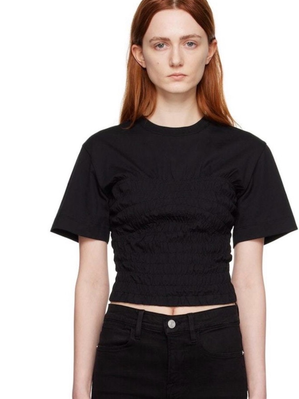 Frame Black Smocked Corset Short Sleeve Tee